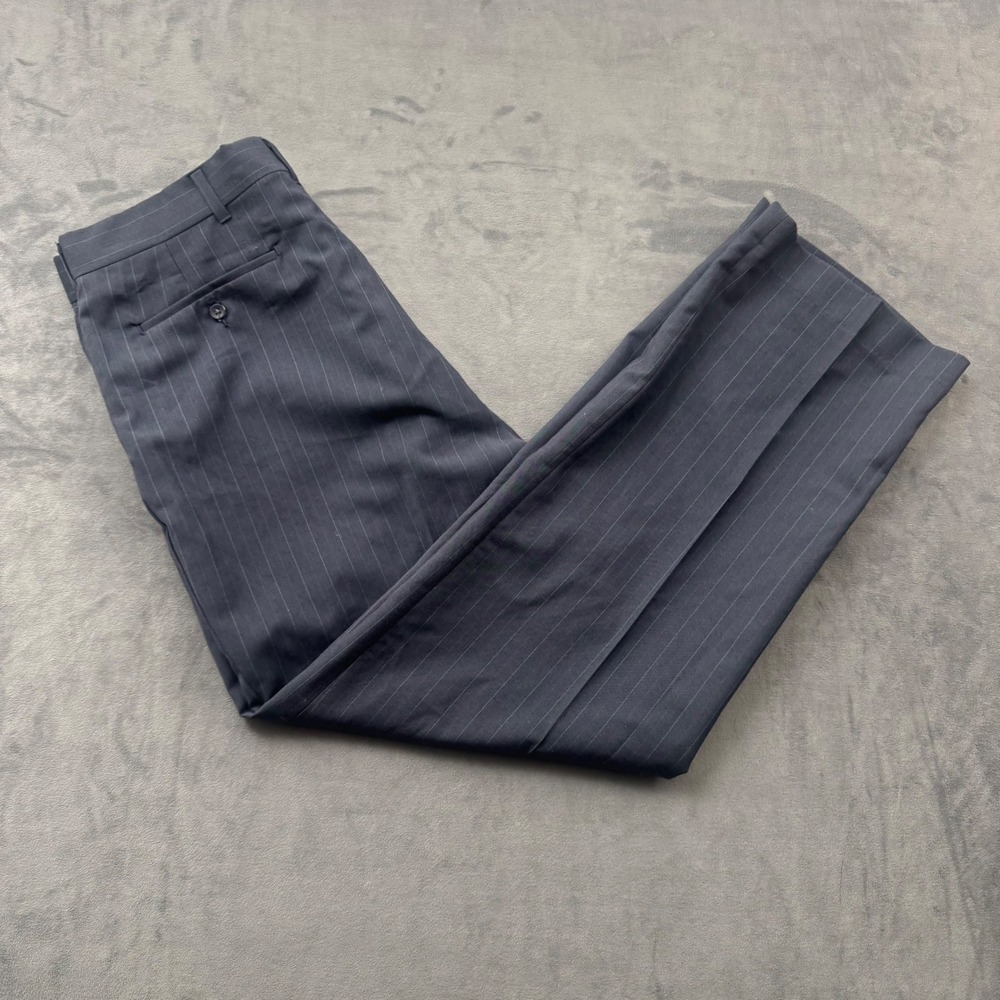 Reed St James Mens Navy Blue Pinstripe Wool Blend Dress Pants 36x30 Flat Front